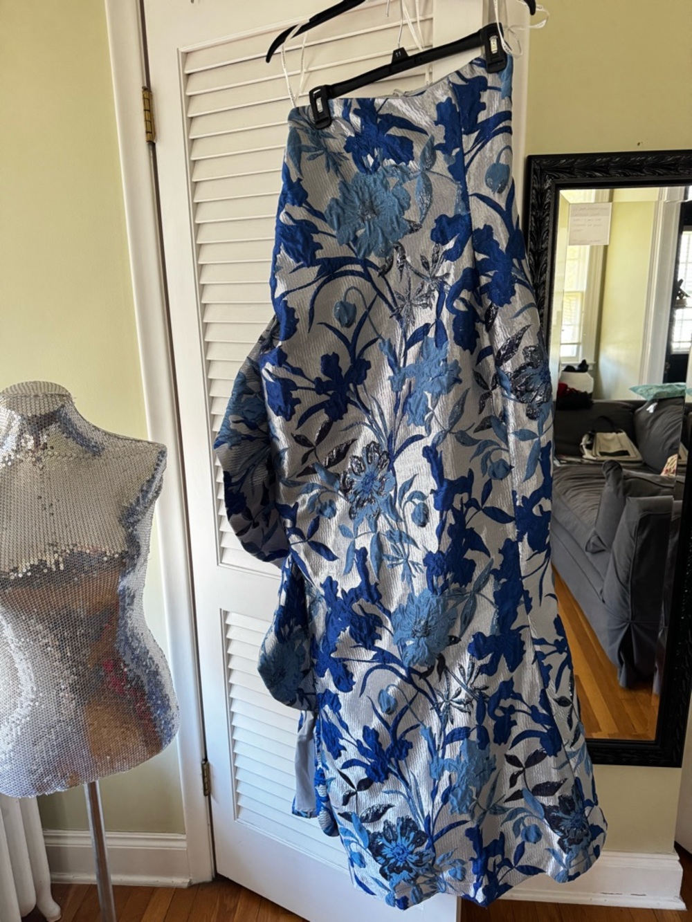 Donna Karan Blue and Silver Floral Brocade Gown Dress